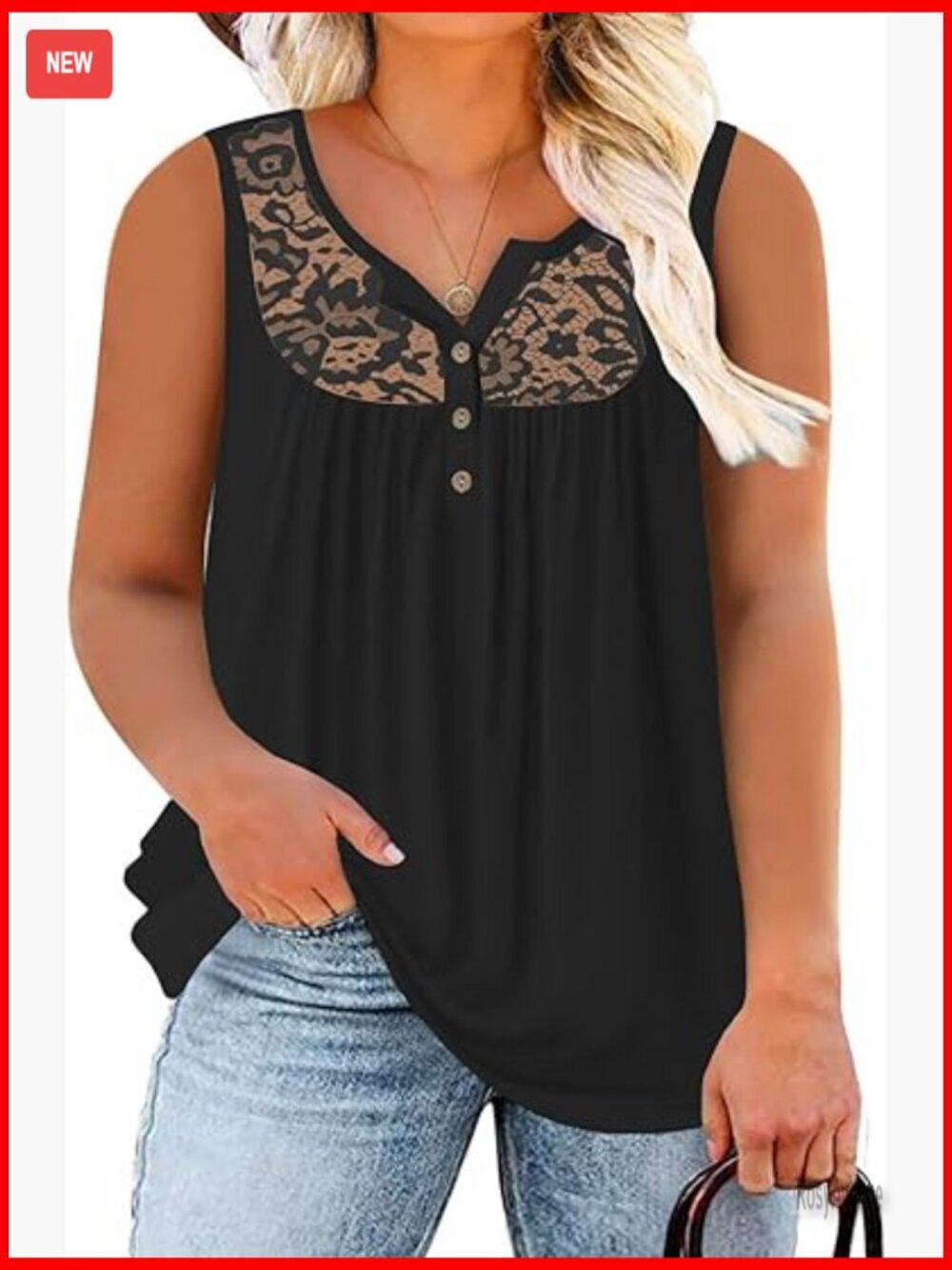 Plus Size Tank Top Sleeveless Henley V-Neck Lace Pleated Flowy Tunic Blouse